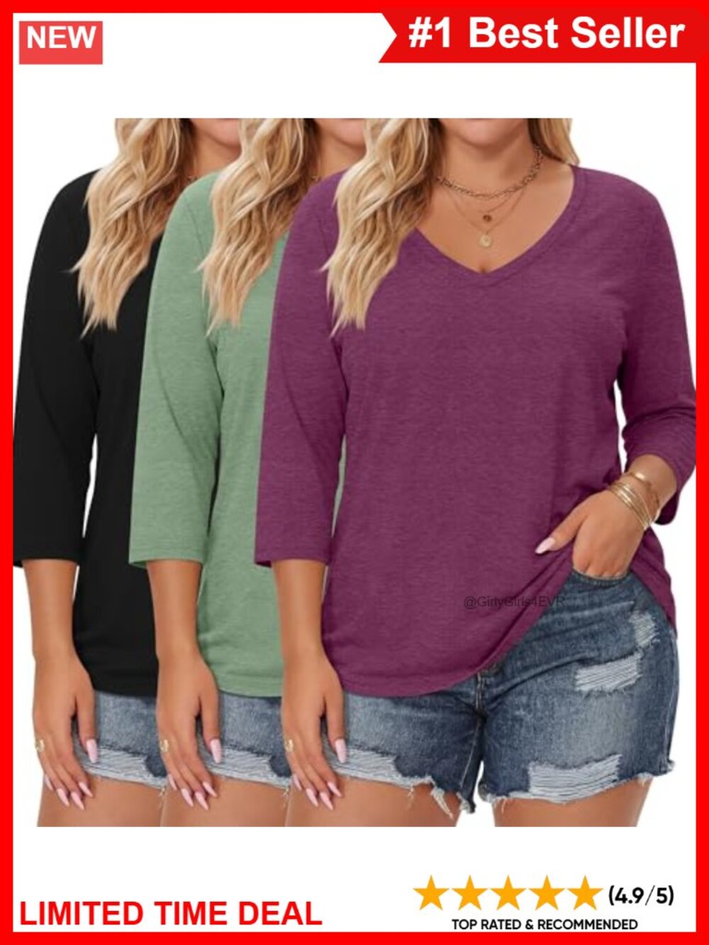 Plus Size V Neck 3/4 Sleeve Tops 3 Pack Cotton Blend Loose Fit Tunic Tees